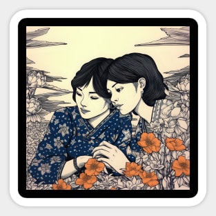 Two Asian female Friends in Flower Field Sticker